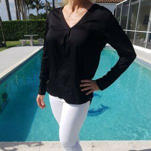 Ann Taylor Sheer Silky Flowy V neck long sleeve tunic top blouse